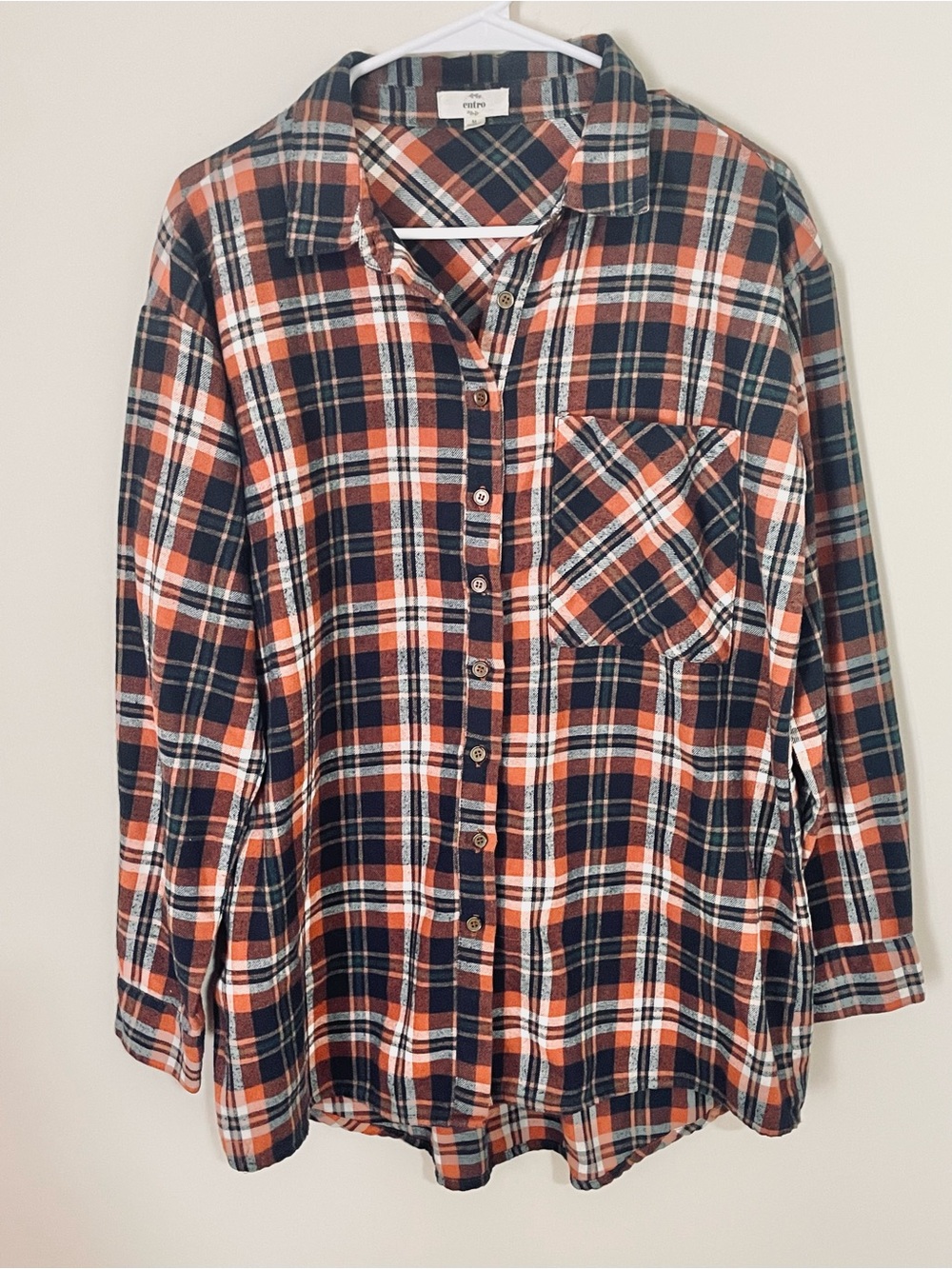 ENTRO Orange & Black Plaid Button Up Collared Long Sleeve